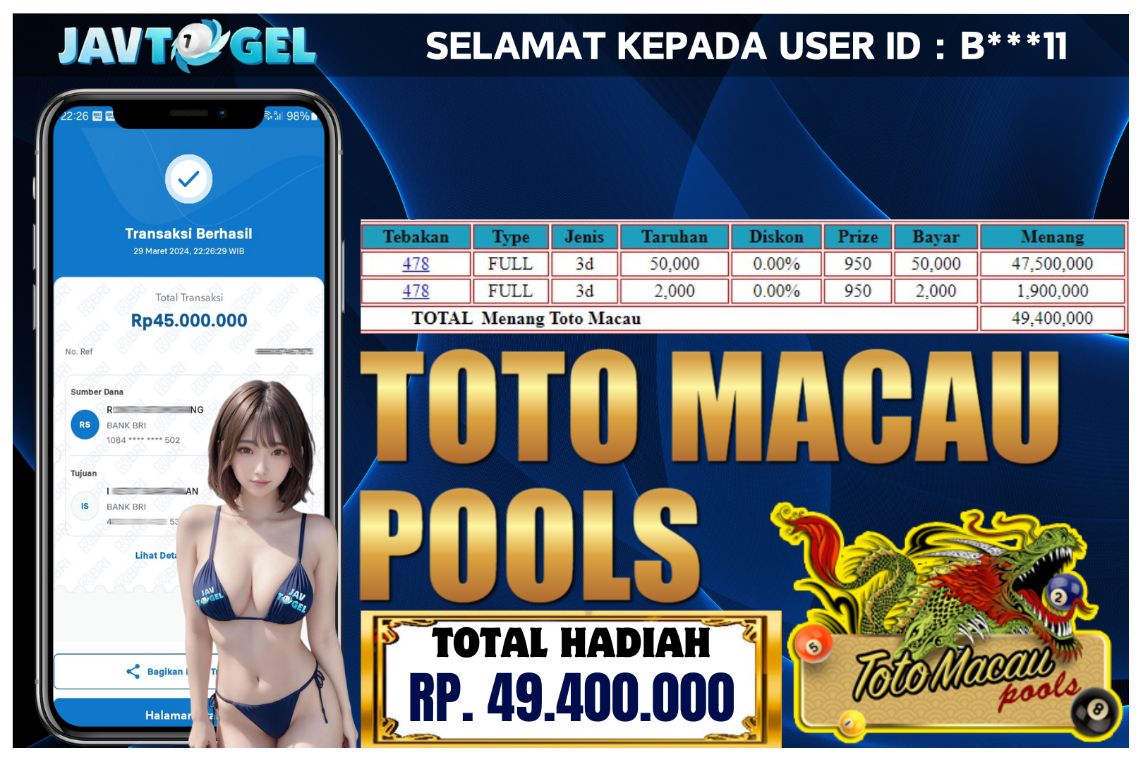 JAVTOGEL – JP TOTO MACAU RP 49.400.000